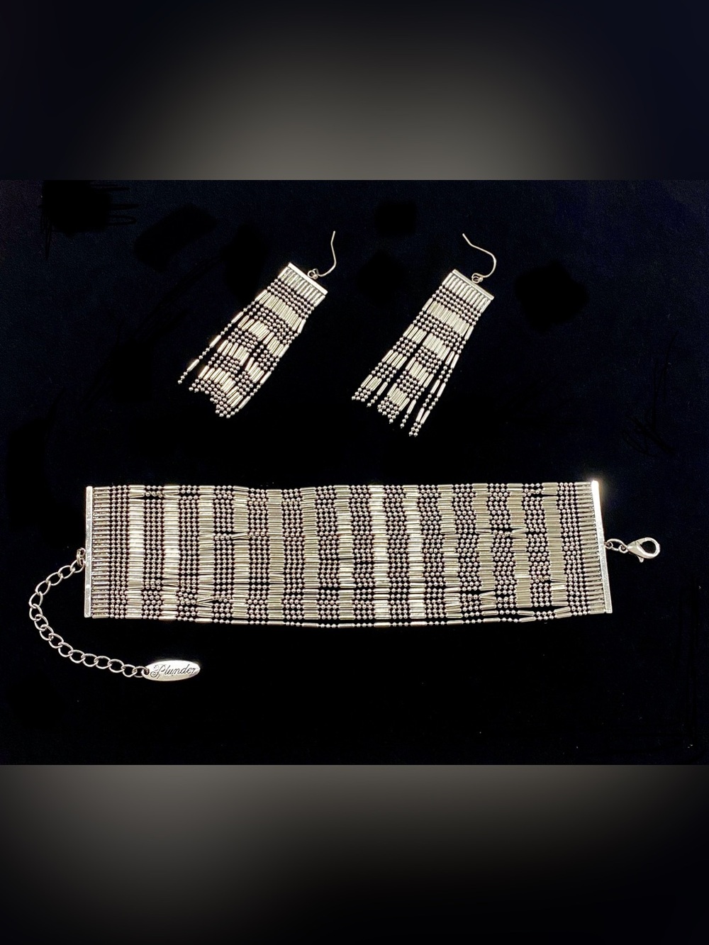 Plunder Design Silver Multi Strand Bugle Bead Wide Cuff Bracelet Fringe Earrings